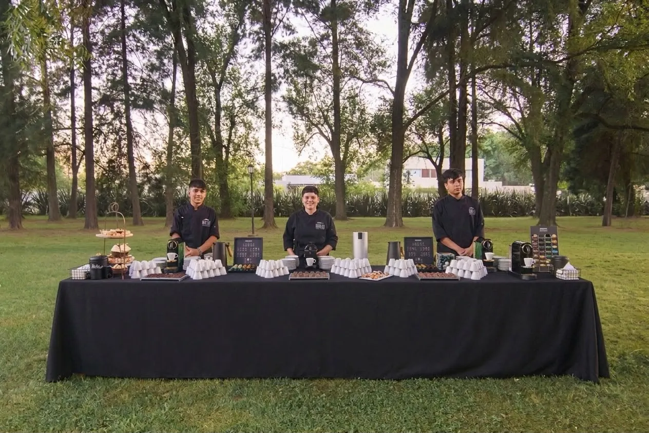 Estación de café y catering atendida en el parque de Azahares de Escobar